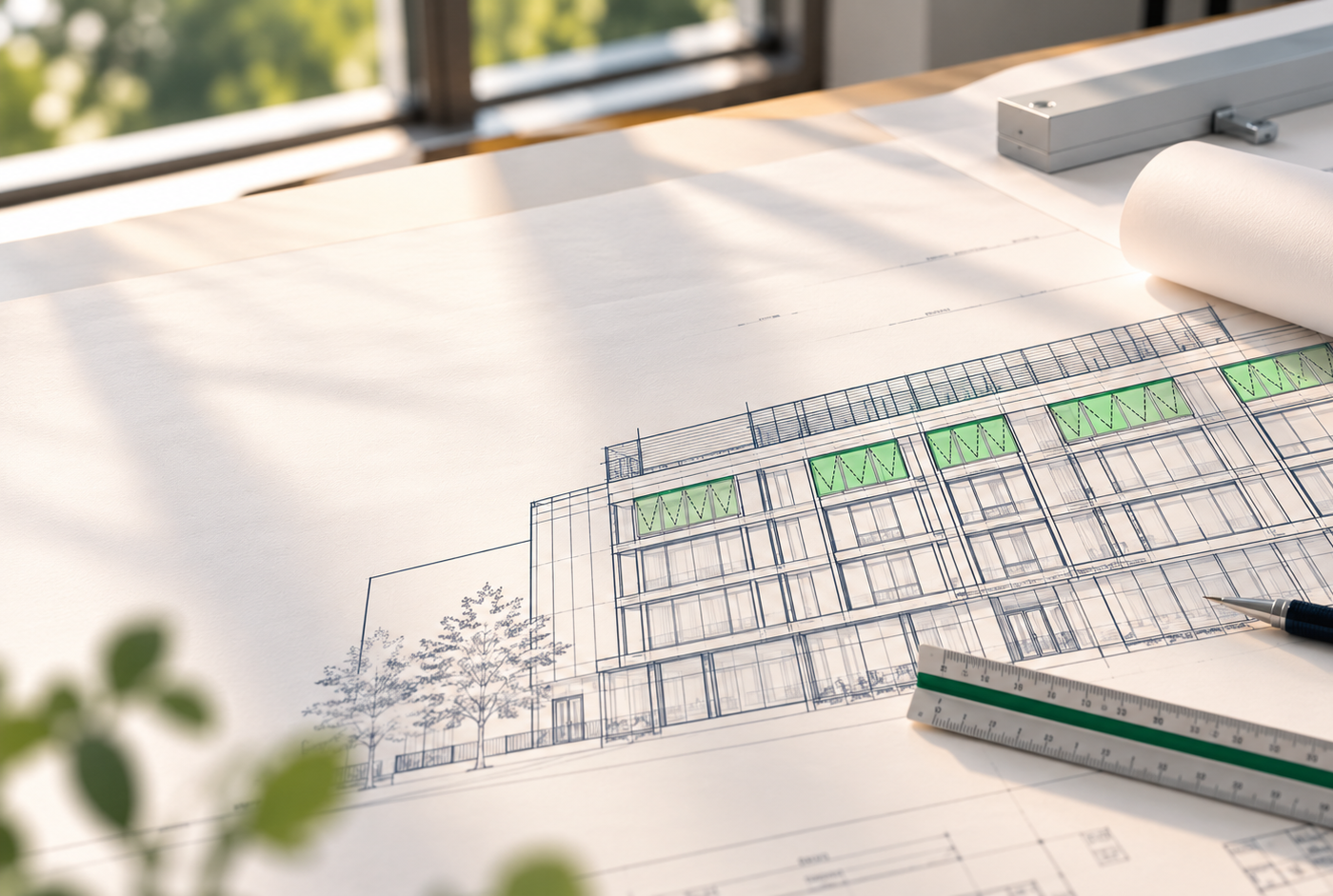 Facade elevation drawing showing automated window openings at design stage