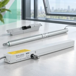 Illustrative image of a chain actuator, linear actuator and mounting bracket on a desk